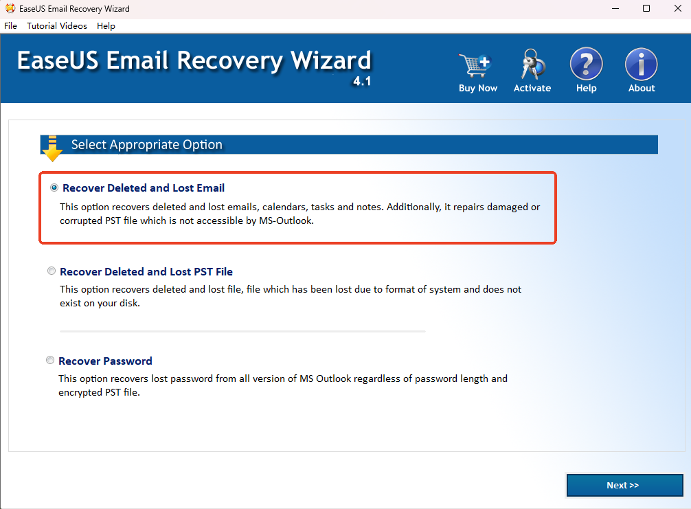 email recovery wizard select appropriate option
